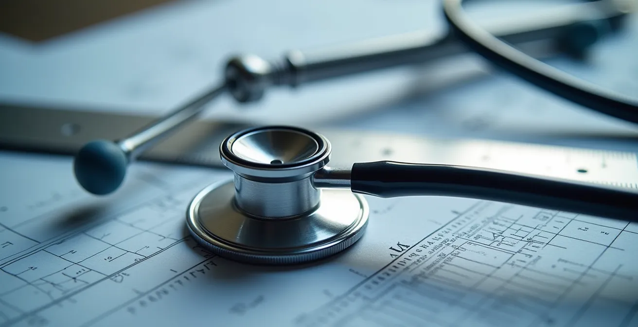 Portrait composite montrant un stéthoscope médical et une règle d'architecte sur plans techniques flous
