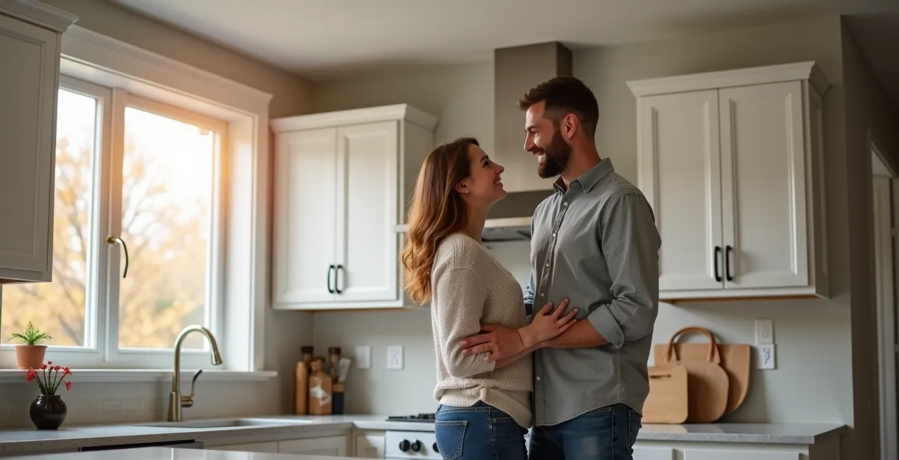 Cuisine rénovée moderne avec îlot central dans une maison québécoise montrant l'impact sur la valeur immobilière