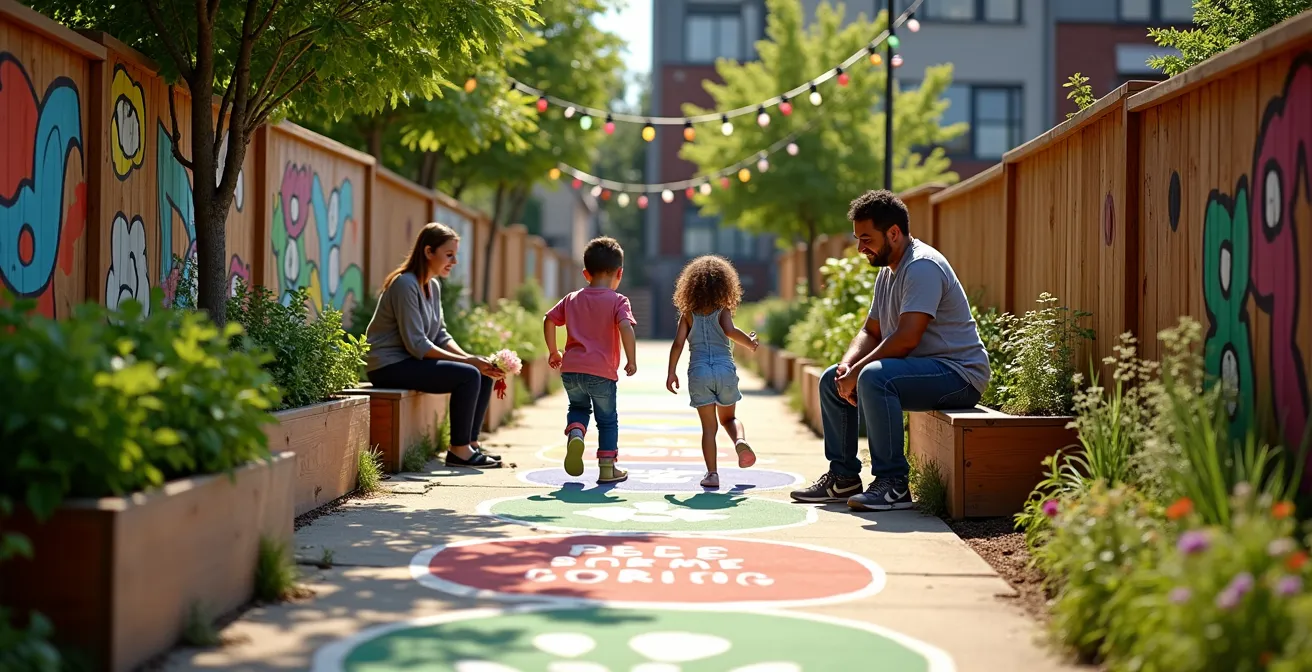 Ruelle verte montréalaise avec enfants jouant et parents socialisant dans un espace communautaire sécurisé