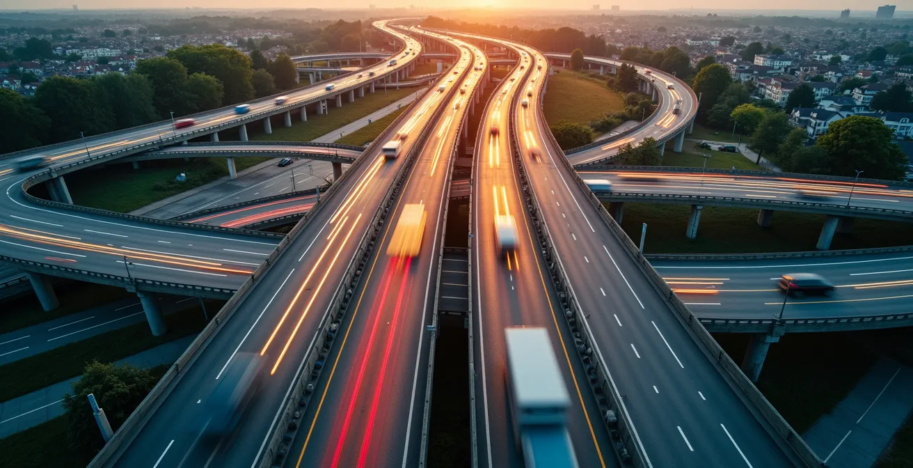 Carte schématique montrant les différentes sorties d'autoroute de la Rive-Sud avec indicateurs de flux de circulation selon l'heure