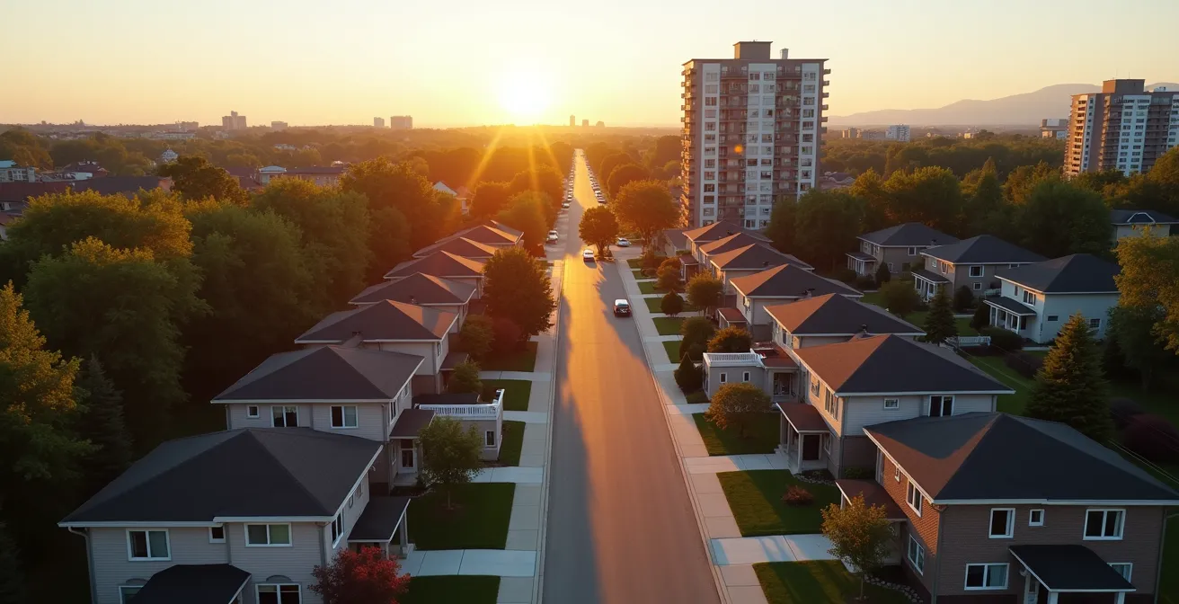 Escalier ascendant représentant la progression d'acquisition immobilière avec différents types de propriétés