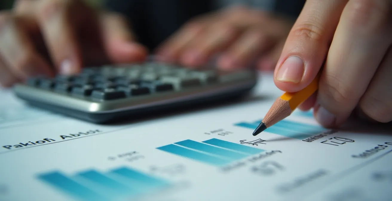 Mains calculant sur une calculatrice avec documents REER flous en arrière-plan