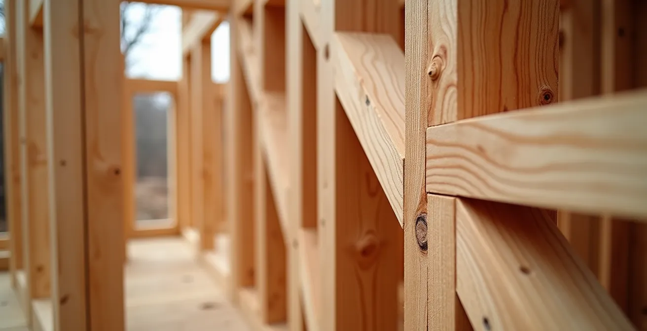 Vue macro détaillée de la structure en bois lamellé-croisé d'une maison québécoise en construction