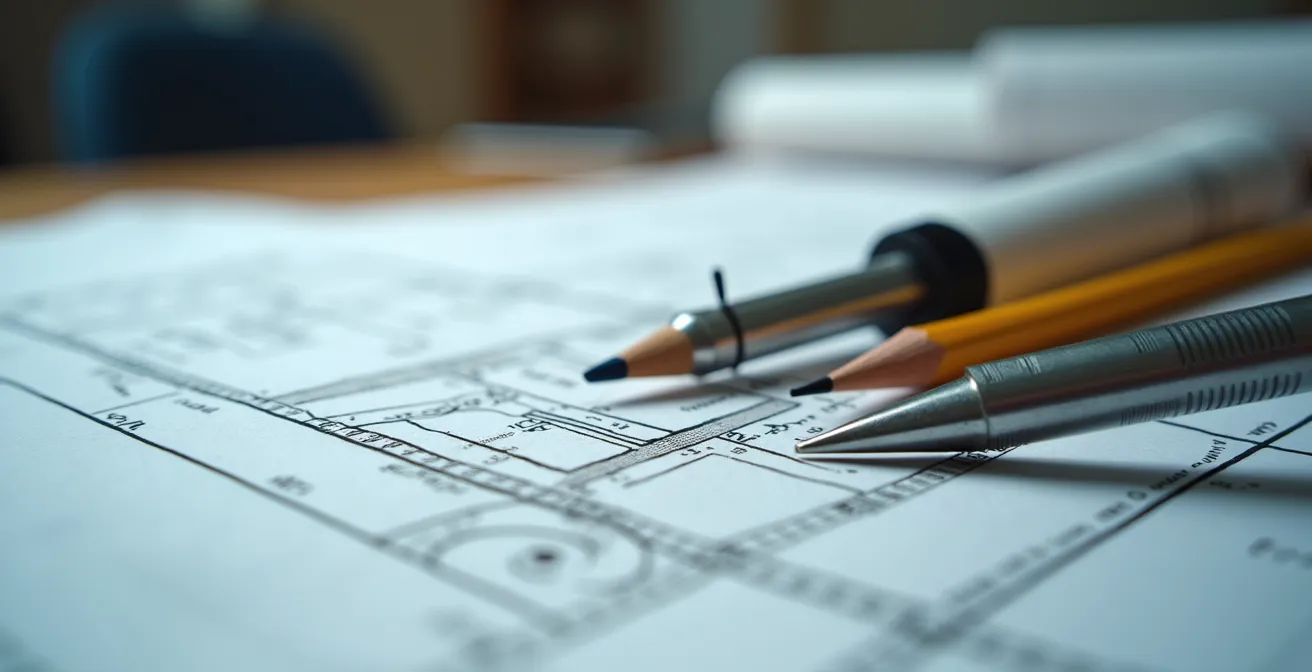 Plans d'architecture et outils de mesure sur une table de travail québécoise
