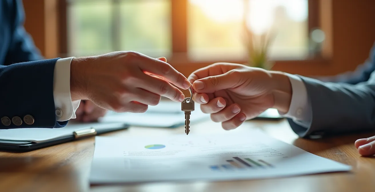 Mains échangeant symboliquement une clé de maison avec documents financiers flous en arrière-plan