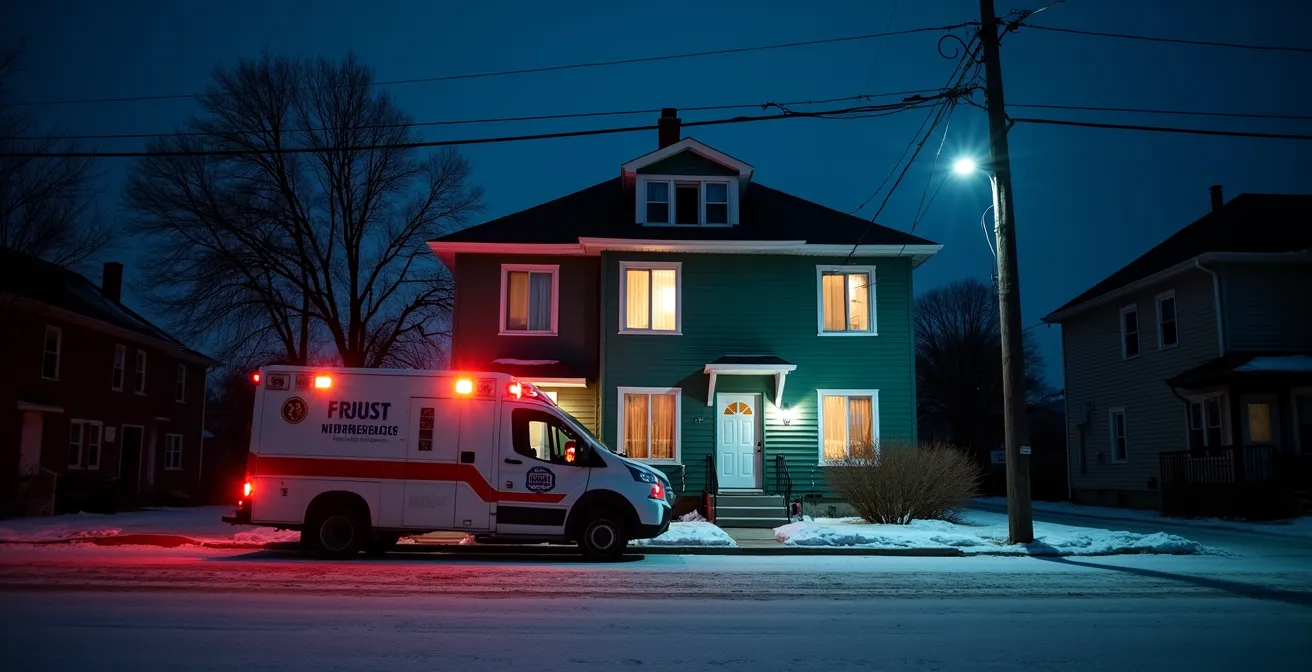 Scène nocturne d'intervention d'urgence de plomberie dans un immeuble résidentiel québécois typique