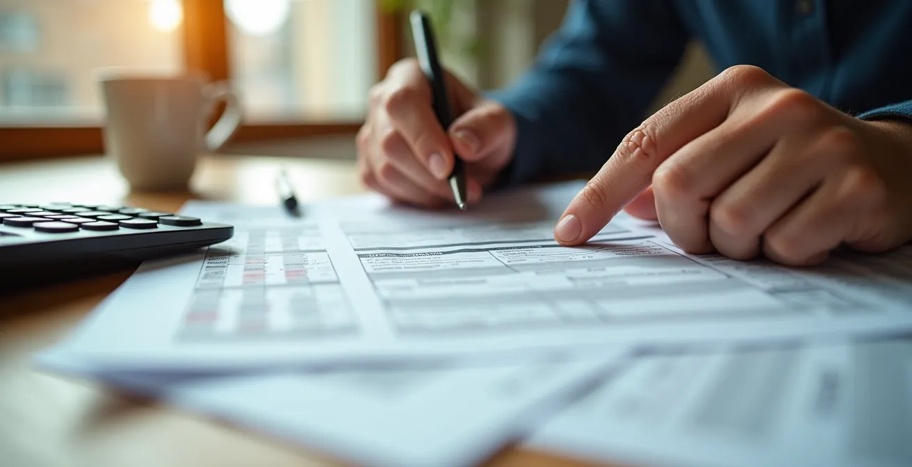 Mains analysant des documents d'enquête de crédit sur un bureau en bois avec calculatrice et stylo