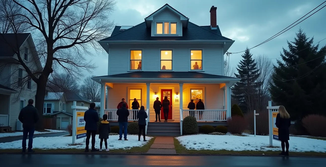 Vue minimaliste d'une maison québécoise lors d'une visite libre avec pancartes à vendre